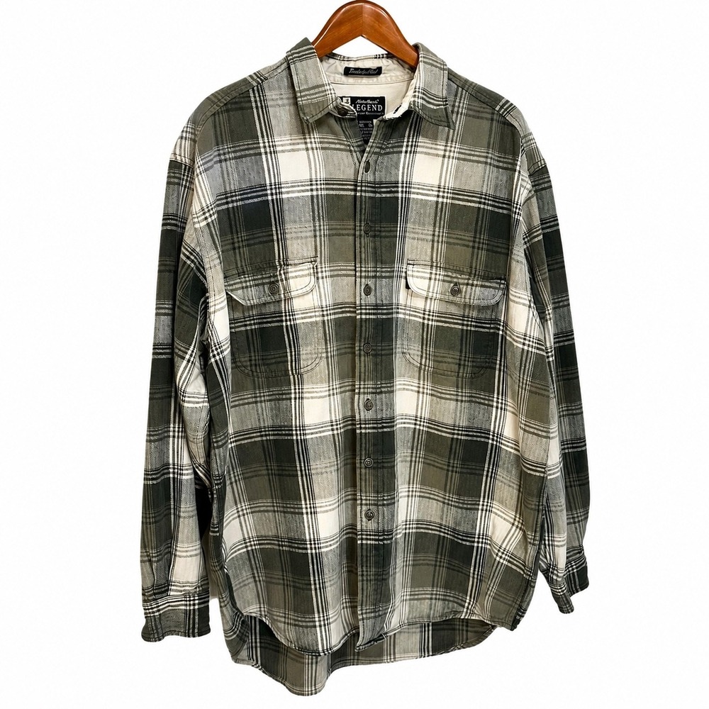 Eddie Bauer Legend Mens XL Tall Bainbridge Plaid Flannel Shirt Green Cotton